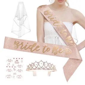 1 Set Rose Gold Bachelorette Party Bride Decor Accessories Kit, White Bridal Veil, Tiara Crown, Glittered Bride To Be Sash, & Stickers