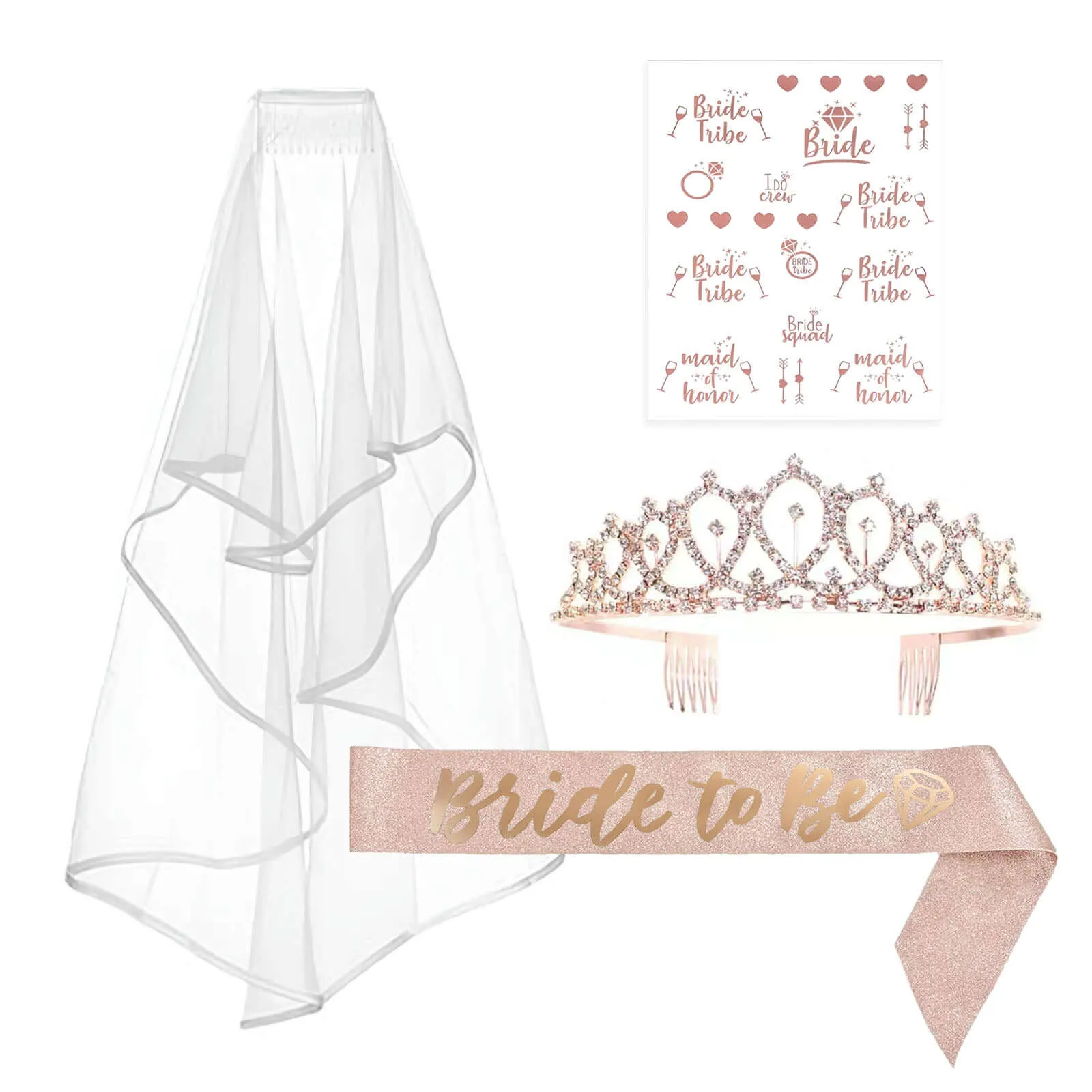 1 Set Rose Gold Bachelorette Party Bride Decor Accessories Kit, White Bridal Veil, Tiara Crown, Glittered Bride To Be Sash, & Stickers