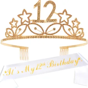 12th Birthday Gifts for Girl, 12th Birthday Tiara and Sash Gold, HAPPY 12th Birthday Party