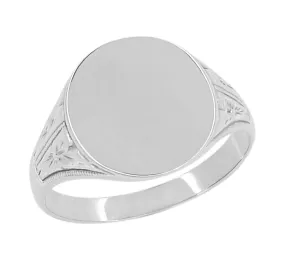 14 Karat White Gold Victorian Side Carved Antique Engravable Oval Signet Ring - Kent