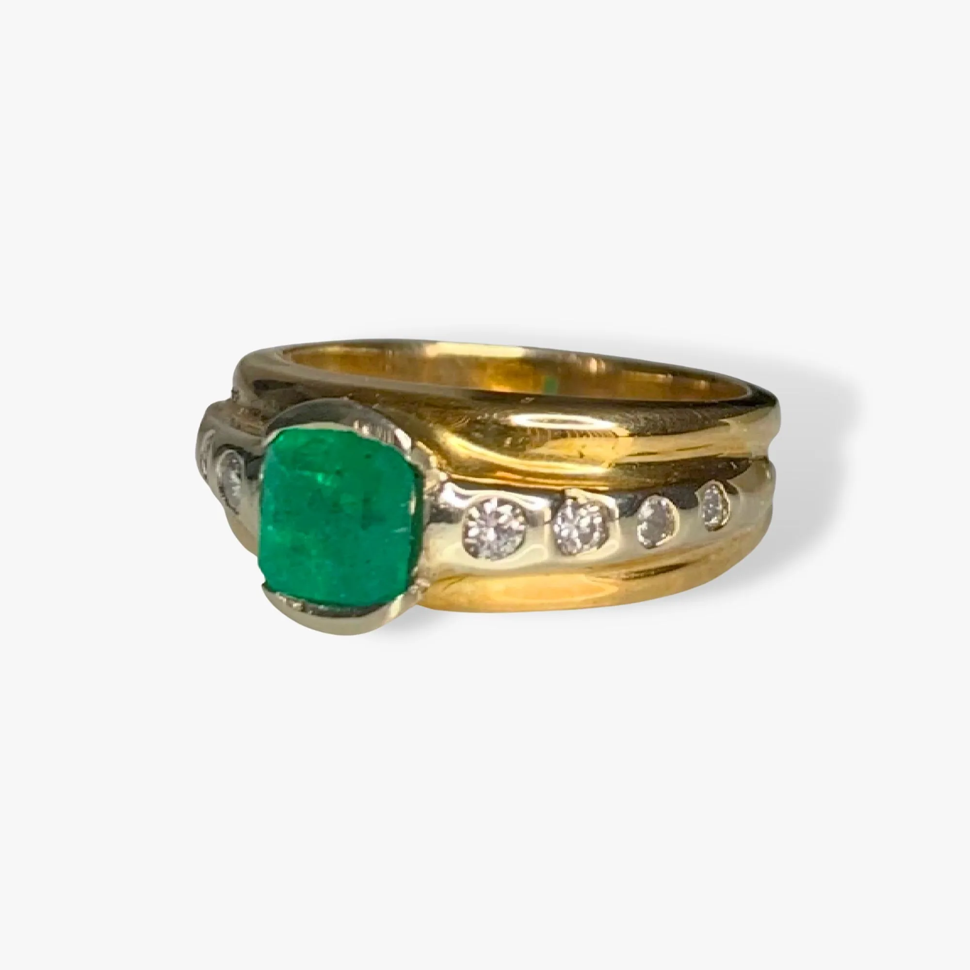 14k Yellow and White Gold Emerald and Diamond Vintage Signet Ring