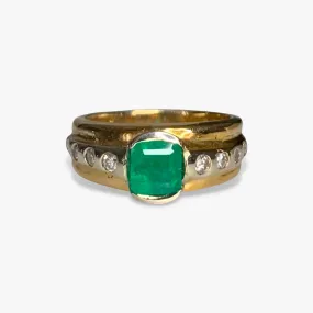 14k Yellow and White Gold Emerald and Diamond Vintage Signet Ring