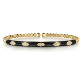 14K Yellow Gold  Black Enamel Bujukan Beads and Diamond Split Bangle