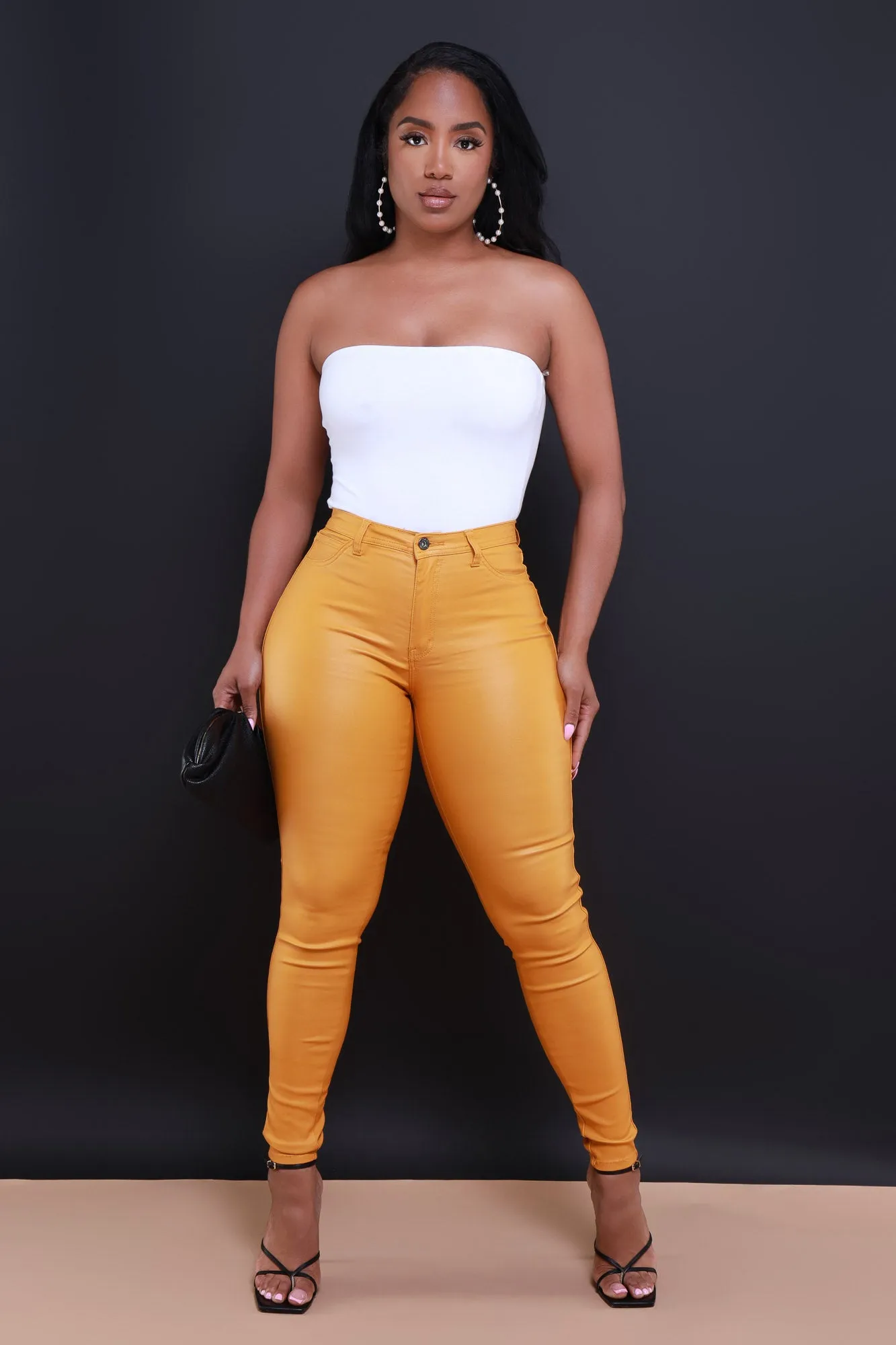 $15.99 Curve You Faux Leather High Rise Pants - Mustard