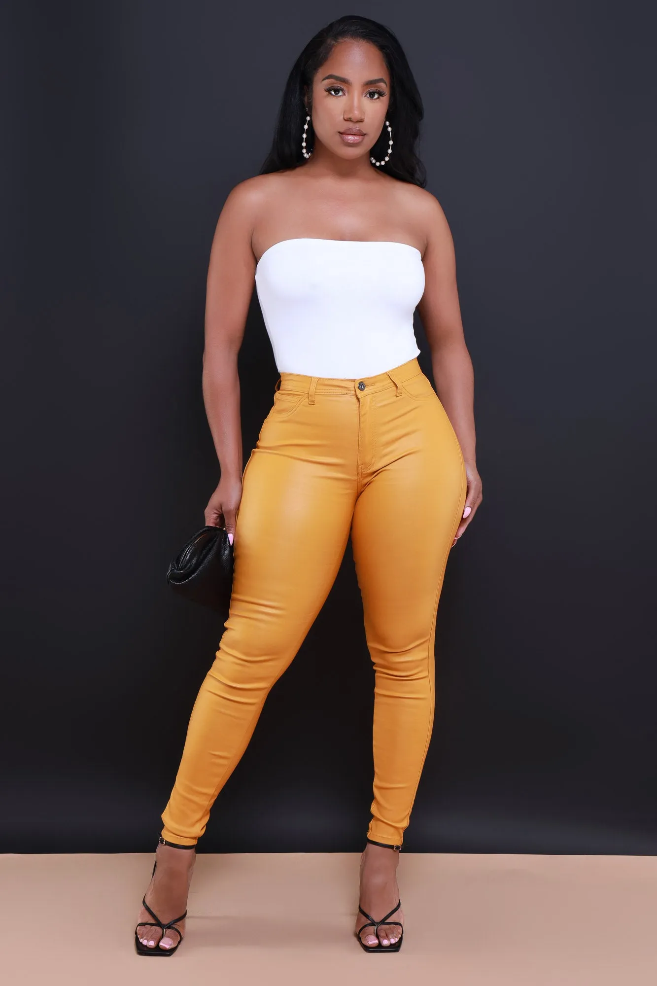 $15.99 Curve You Faux Leather High Rise Pants - Mustard