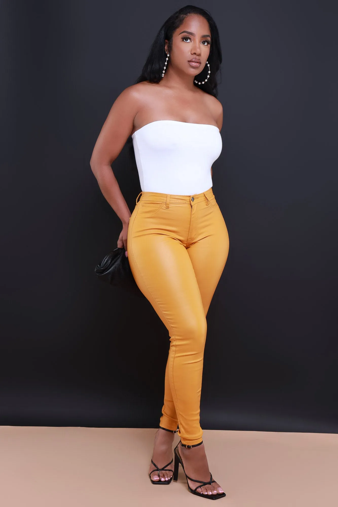 $15.99 Curve You Faux Leather High Rise Pants - Mustard