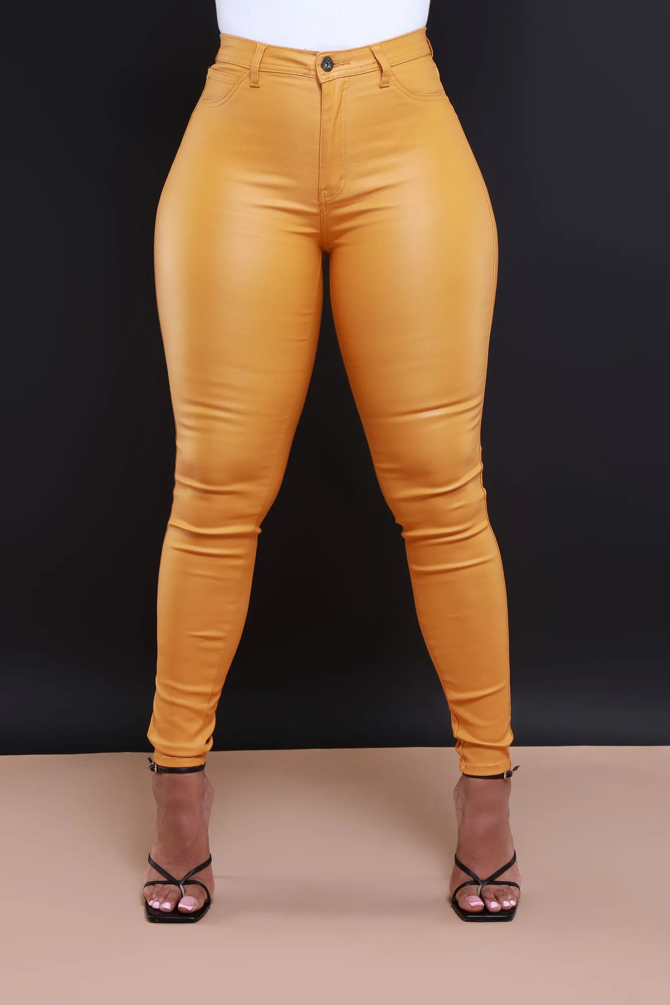 $15.99 Curve You Faux Leather High Rise Pants - Mustard