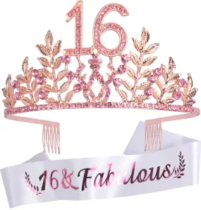 16th Birthday Gifts for Girls, 16th Birthday Tiara and Sash, 16 Fabulous Sash and Crystal