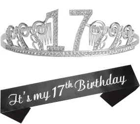 17th Birthday Gifts for Women,17th Birthday Tiara and Sash Silver, Happy 17th Birthday