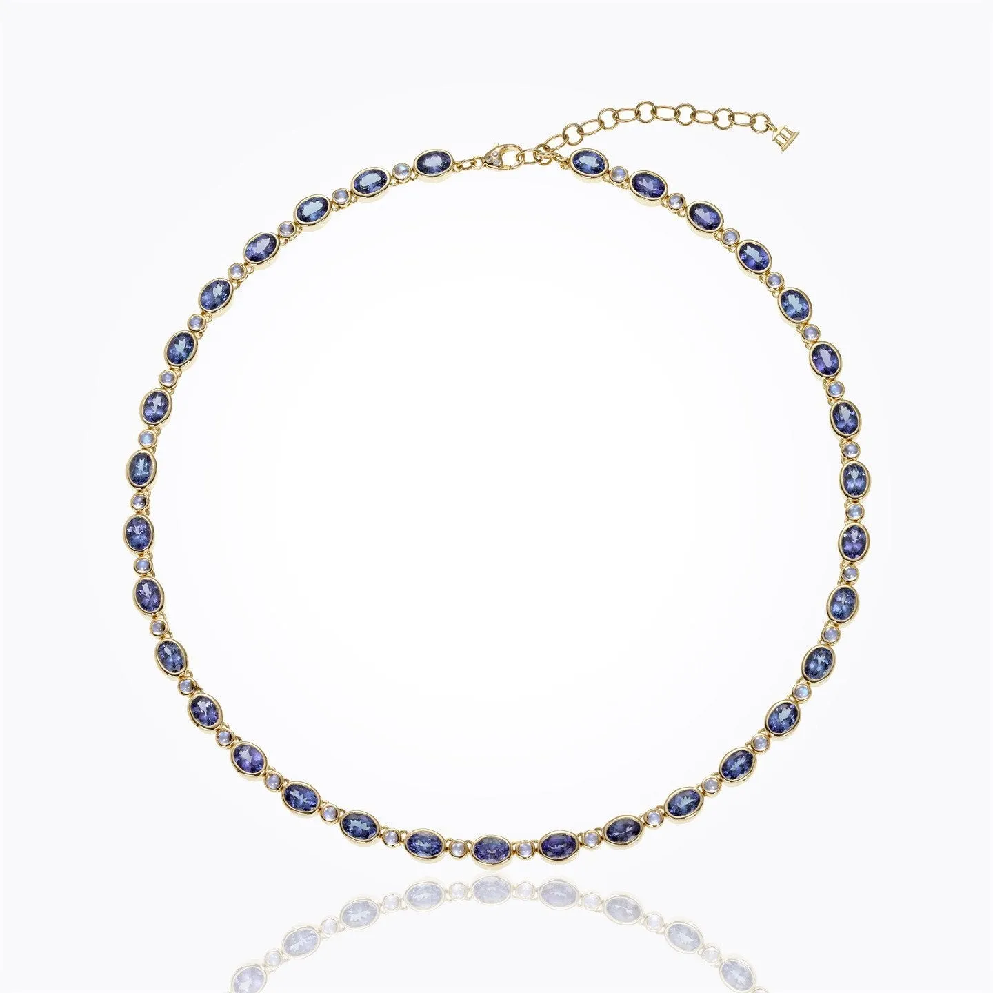 18K Classic Oval Single Strand Necklace with faceted tanzanite, royal blue moonstone and diamond