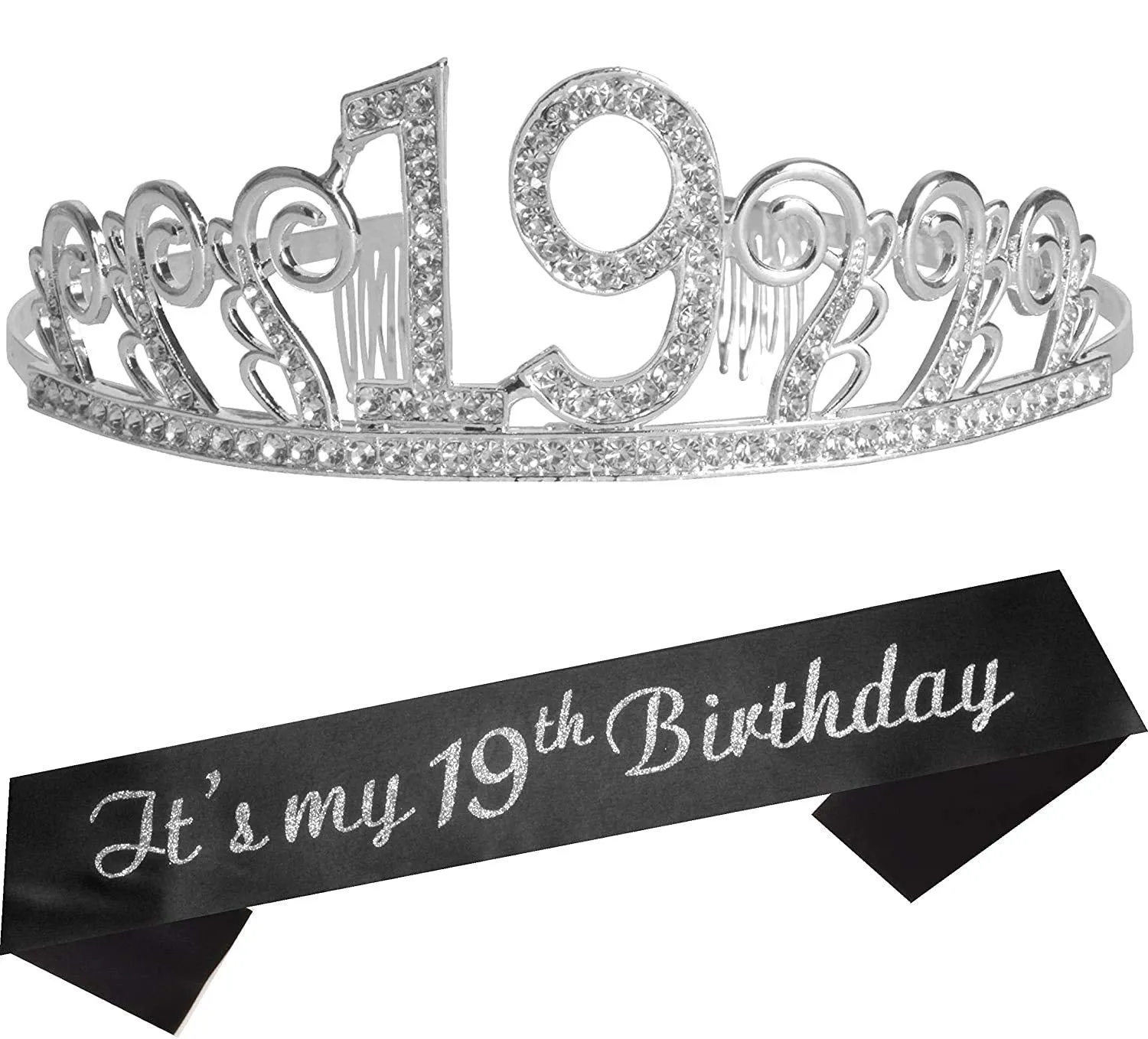 19th Birthday Gifts for Girl, 19th Birthday Tiara and Sash Silver, HAPPY 19th Birthday