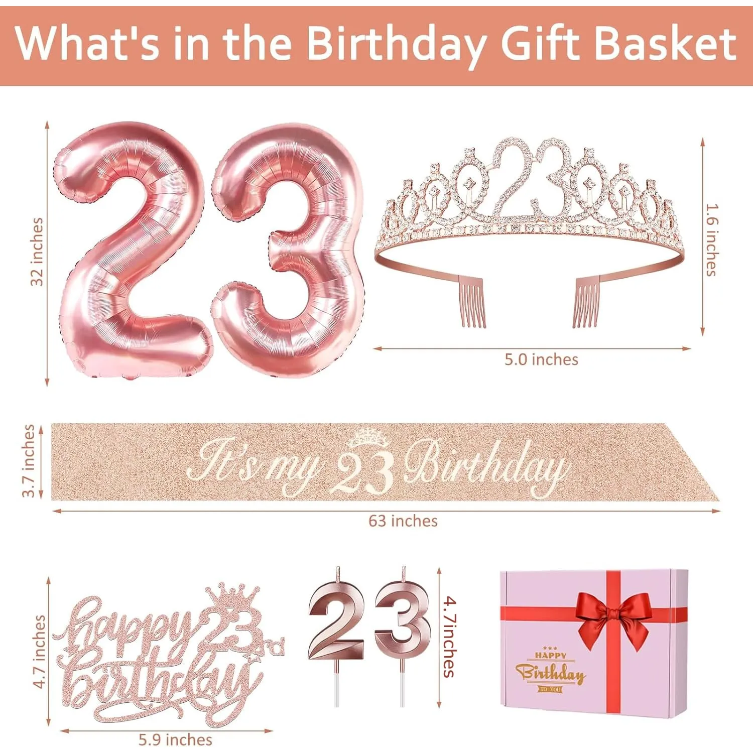 23rd Birthday Decorations for Girls, Include 23rd Birthday Sash and Tiara, 23th Birthday Cake Topper and Number 23 Candles, 23 Balloons, 3D Birthday Card, 23rd Birthday Gifts For Girls