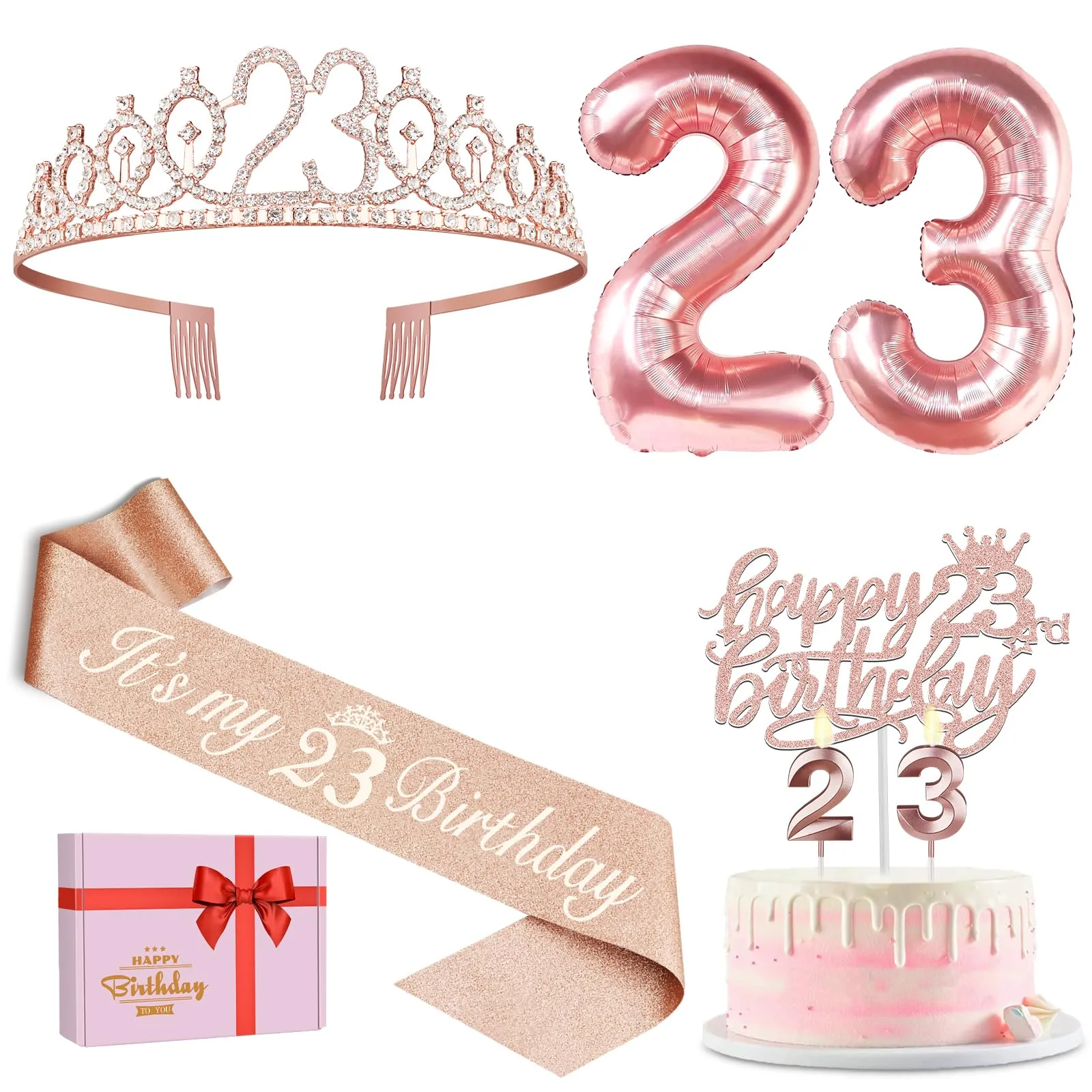 23rd Birthday Decorations for Girls, Include 23rd Birthday Sash and Tiara, 23th Birthday Cake Topper and Number 23 Candles, 23 Balloons, 3D Birthday Card, 23rd Birthday Gifts For Girls