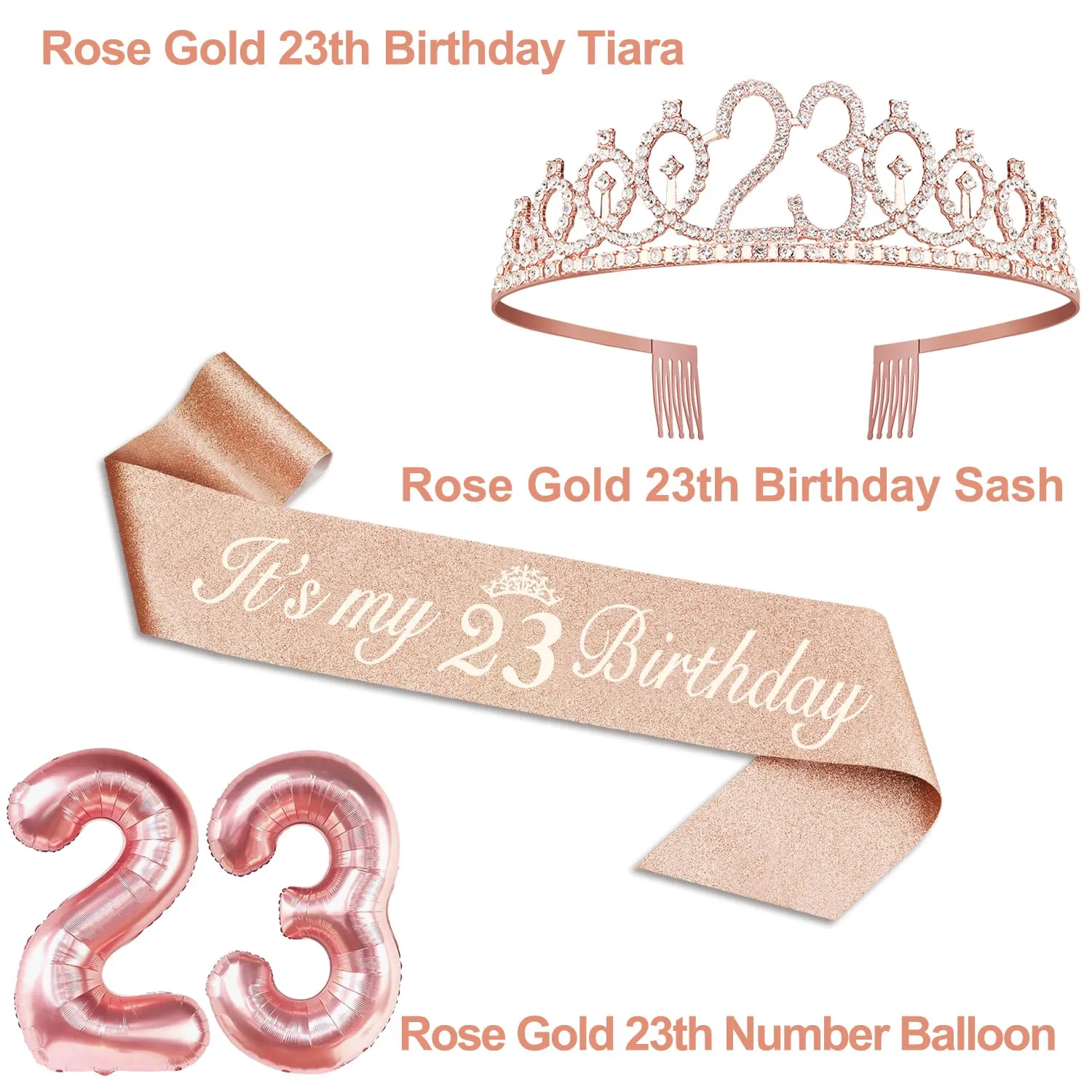 23rd Birthday Decorations for Girls, Include 23rd Birthday Sash and Tiara, 23th Birthday Cake Topper and Number 23 Candles, 23 Balloons, 3D Birthday Card, 23rd Birthday Gifts For Girls