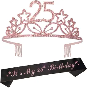 25th Birthday Gifts for Women, 25th Birthday Tiara and Sash, Happy 25th Birthday Party