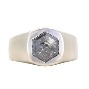 2.73ct Salt & Pepper Hexagon Rosecut Diamond Signet in Satin Finish 14k White Gold