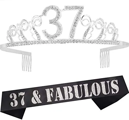 37th Birthday Gifts for Woman, 37th Birthday Tiara and Sash Silver, HAPPY 37th Birthday