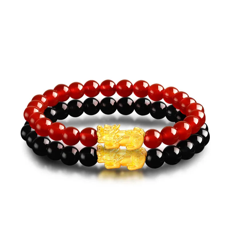 3D Gold Pixiu Natural Gemstone Piyao Bead Bracelet 6mm