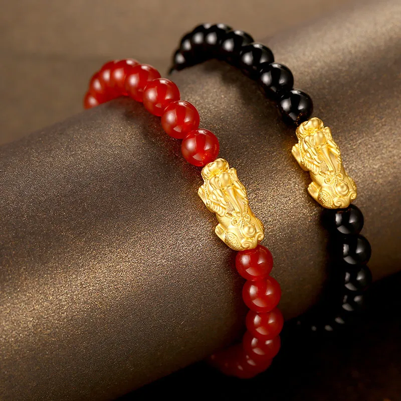 3D Gold Pixiu Natural Gemstone Piyao Bead Bracelet 6mm