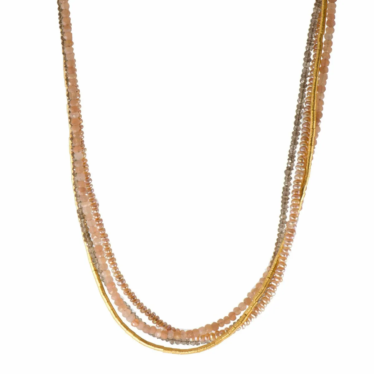 3mm Peach Moonstone, Smokey Quartz & Natural Color Pearl 24K Gold Vermeil Necklace