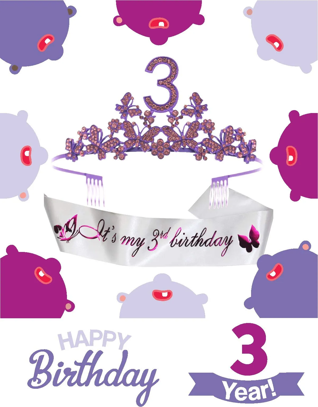 3rd Birthday Gifts for Girls,3rd Birthday Purple Butterfly Crown,3rd Birthday Decorations