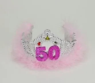 50th Birthday Silver Flashing Tiara w/ Pink Marabou Feather