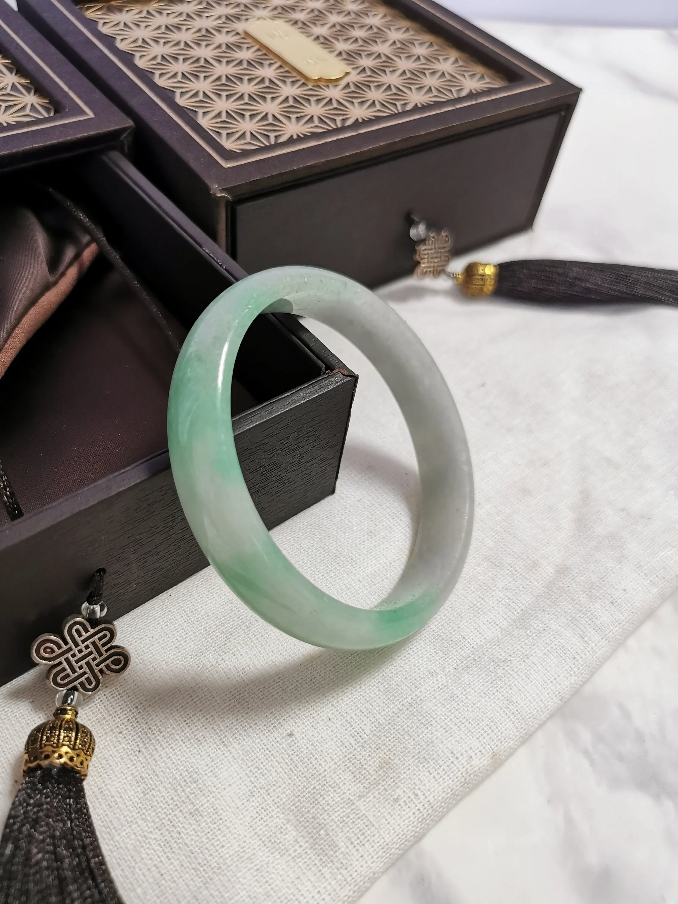 57.6mm Light Green Jade Bangle Translucent Wide Bangle