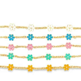 6 Petal Enamel Flower Charm Bracelet (I554)