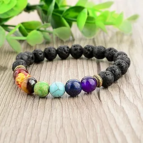 7 Chakra Lava Onyx Beads Glossy Black Stretchable Distance Bracelet