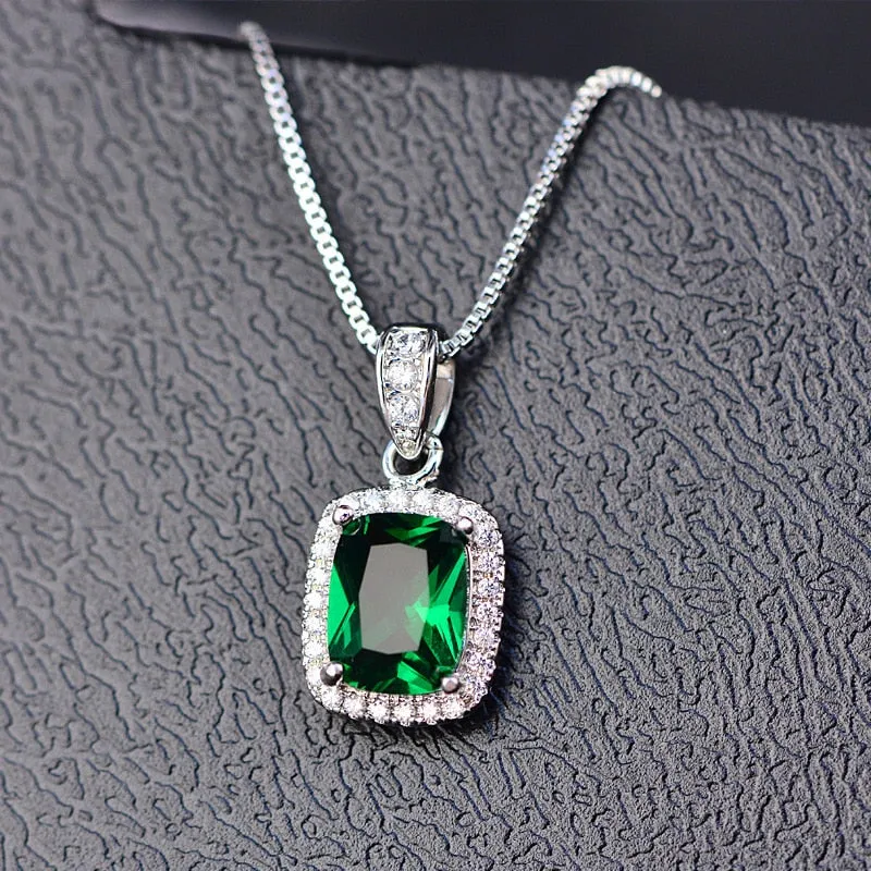 925 Sterling Silver Emerald Gemstone Birthstone White Gold Pendant Necklace Jewelry