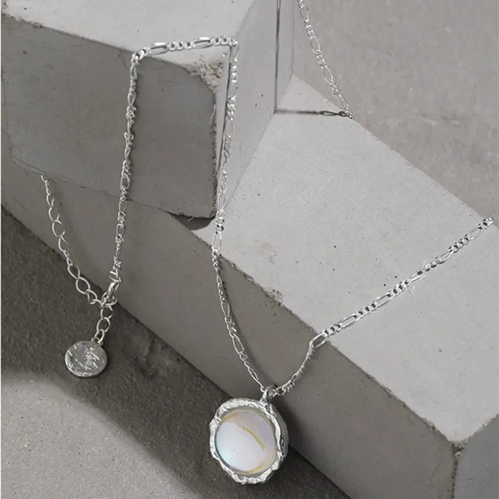 925 Sterling Silver Round Shape Large Raw Rainbow Moonstone Pendant Necklace