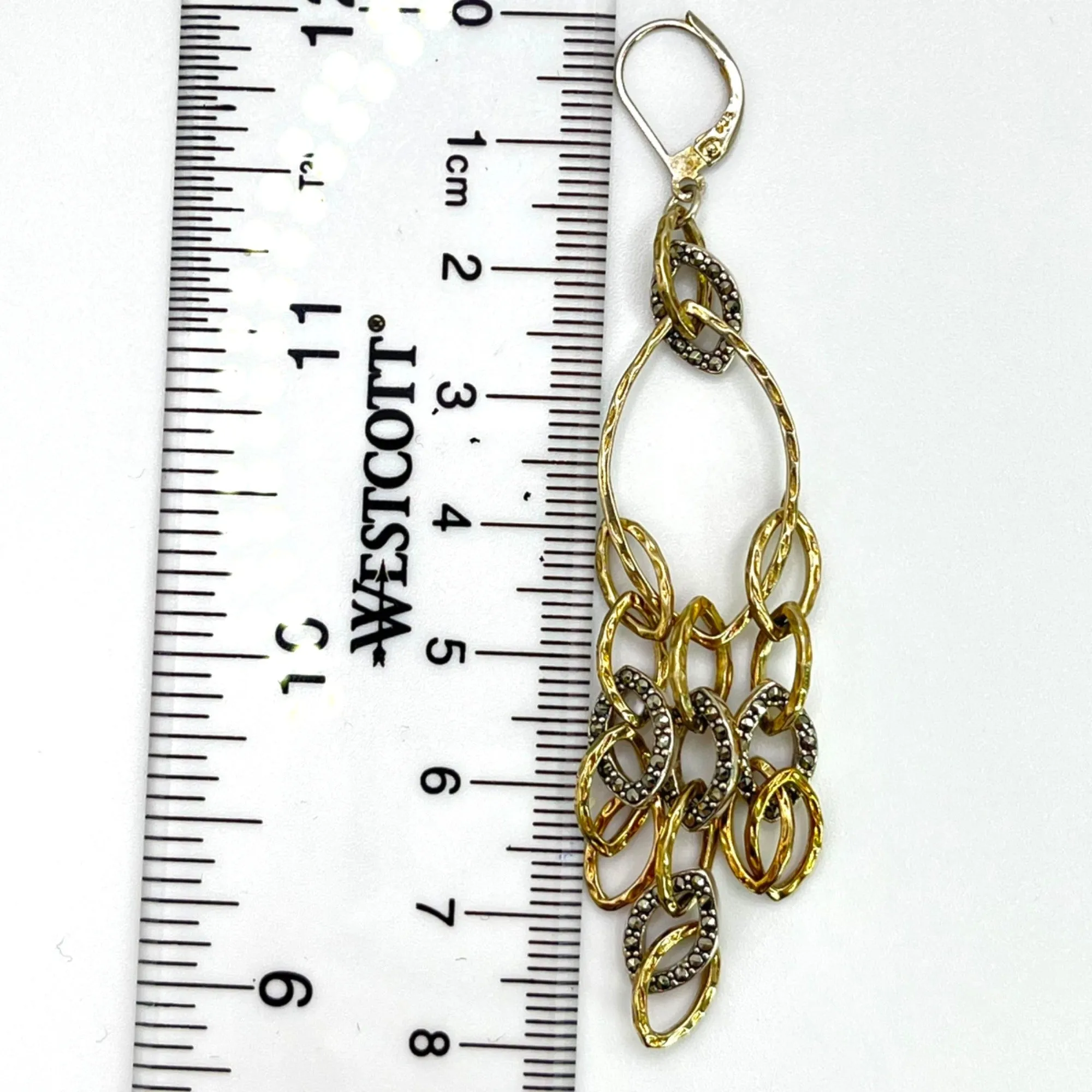 925 Sterling Silver Two Tone Gold Layered Marcasite Dangle Chandelier Earrings