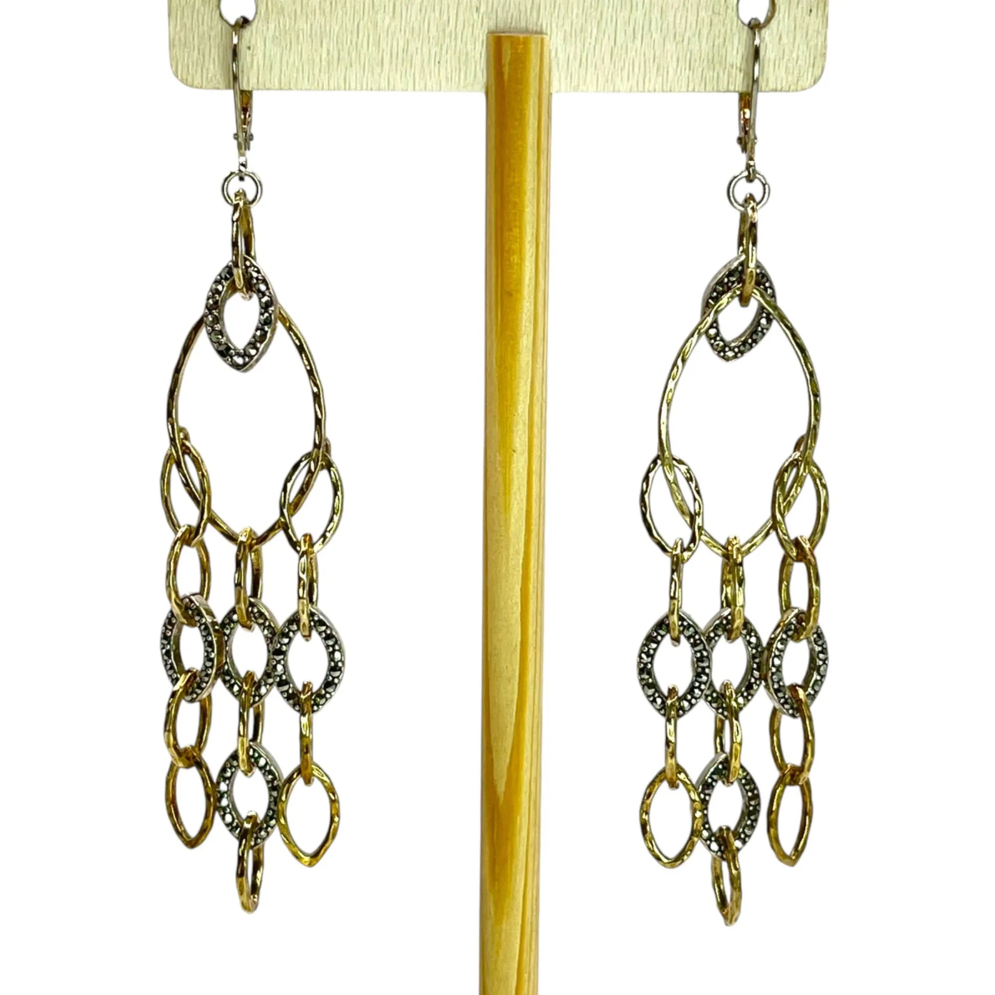 925 Sterling Silver Two Tone Gold Layered Marcasite Dangle Chandelier Earrings