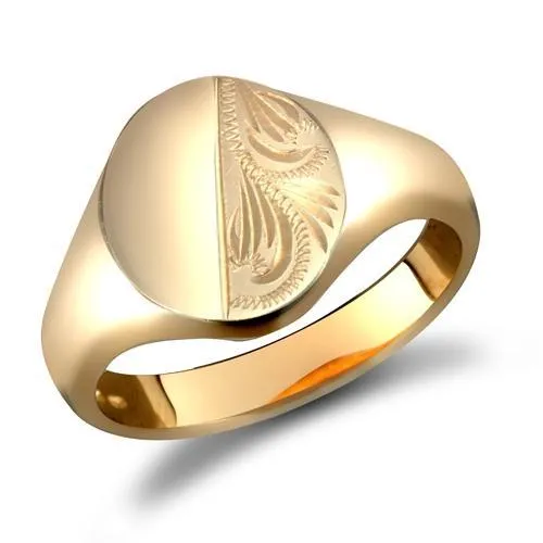 9ct Yellow Gold Oval Shaped Half Plain & Half Engraved Signet Ring 12.0g