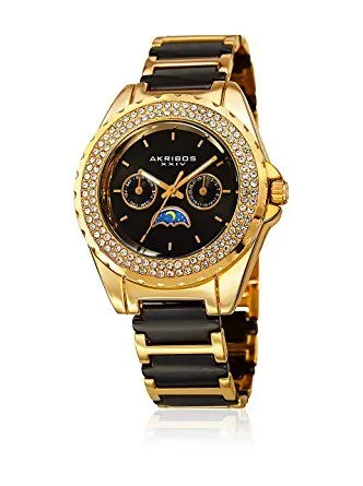 Akribos Xxiv Black Dial Gold-Tone Black Ceramic Ladies Watch AK961YGB