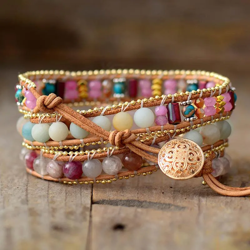 Amazonite, Quartz & Rose Quartz Heart Charm Wrap Bracelet