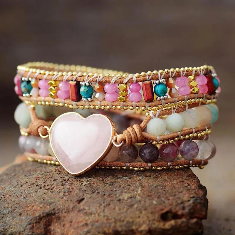 Amazonite, Quartz & Rose Quartz Heart Charm Wrap Bracelet