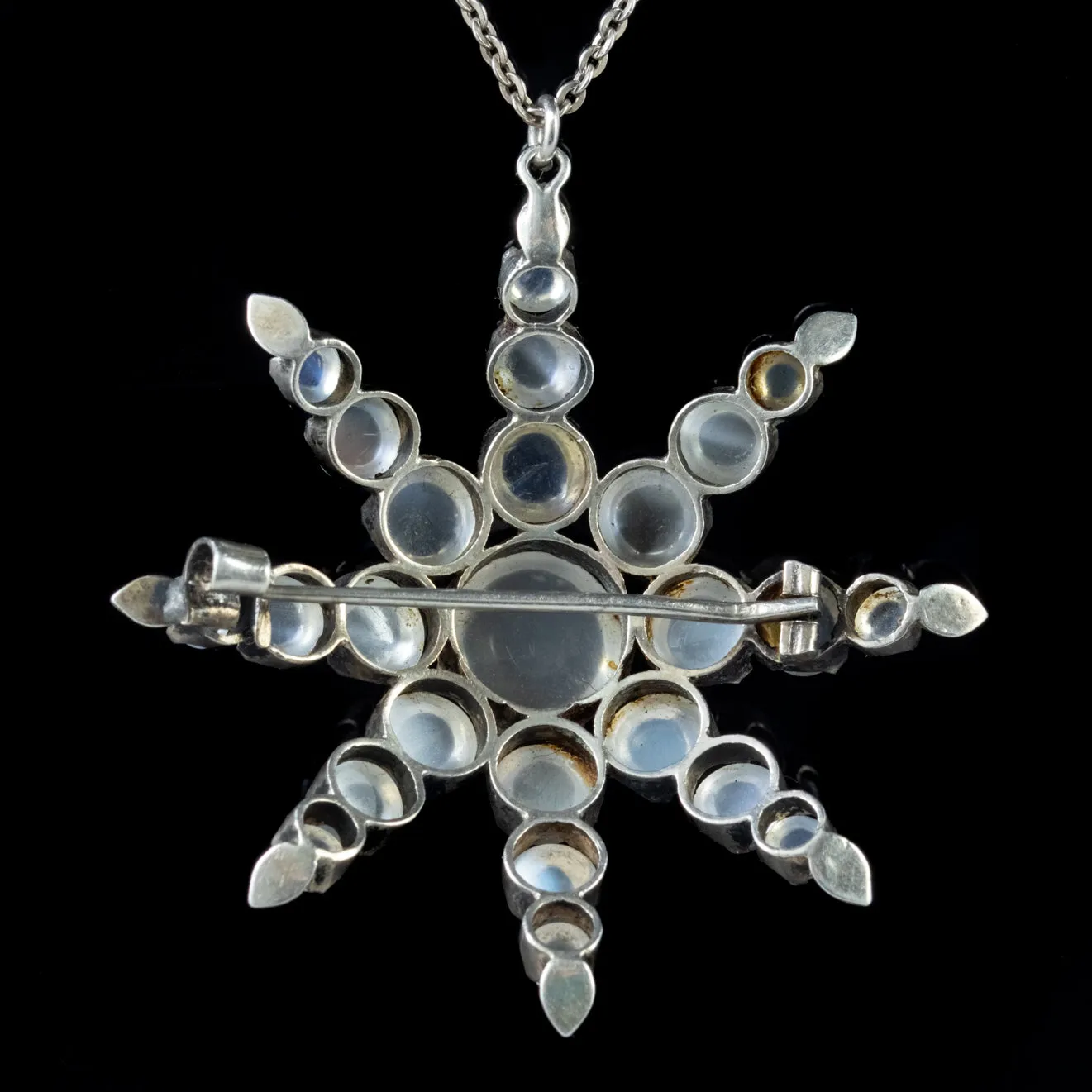 Antique Victorian Moonstone Star Pendant Necklace Silver Brooch Chain Circa 1880