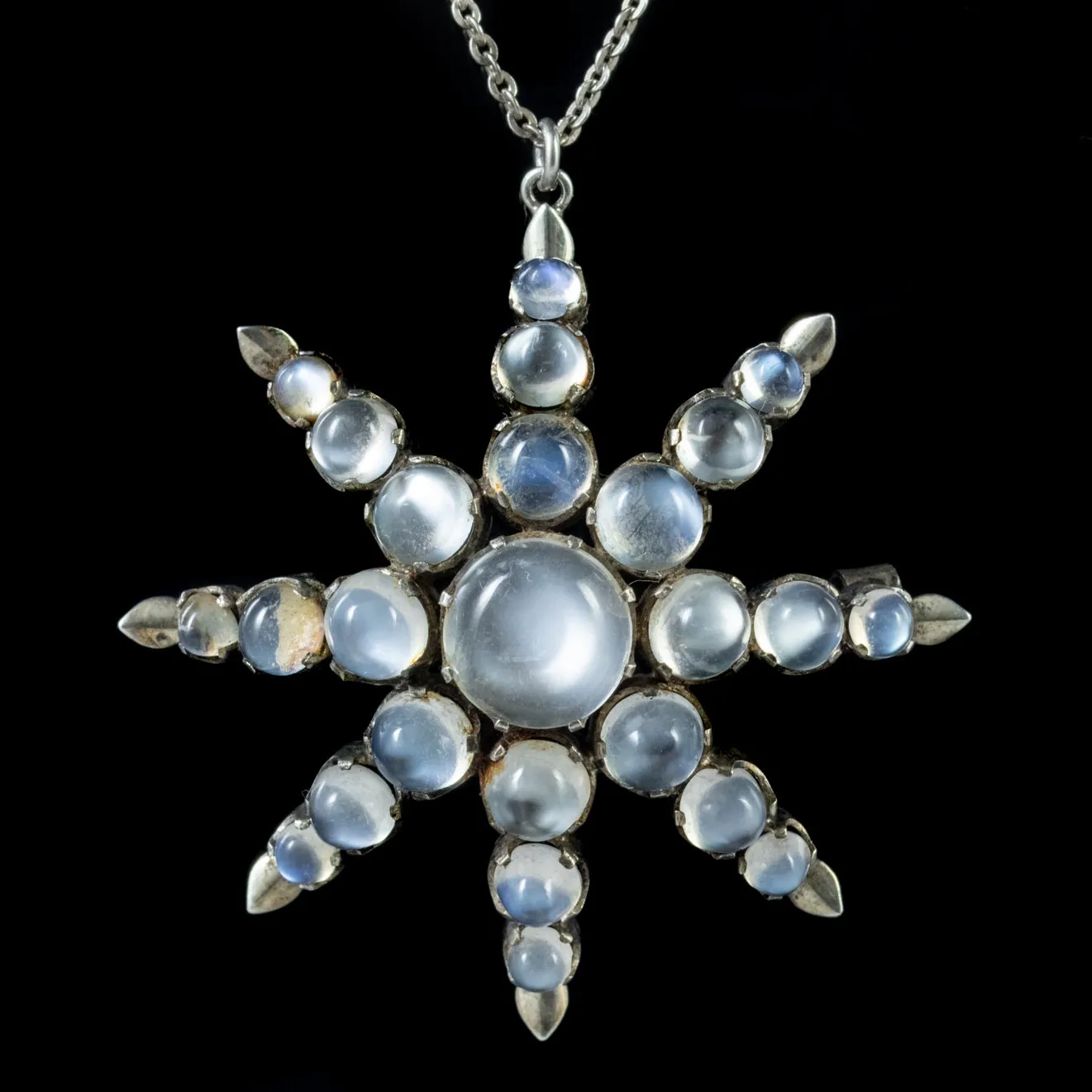 Antique Victorian Moonstone Star Pendant Necklace Silver Brooch Chain Circa 1880