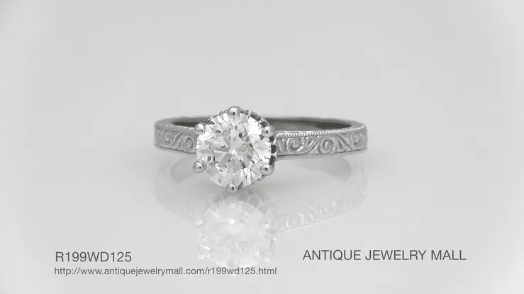 Art Deco Filigree Scrolls Tiara Crown 1.27 Carat Solitaire Diamond Engraved Engagement Ring in 18 Karat White Gold