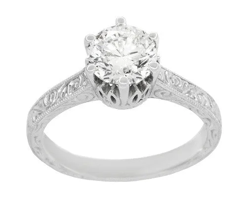 Art Deco Filigree Scrolls Tiara Crown 1.27 Carat Solitaire Diamond Engraved Engagement Ring in 18 Karat White Gold