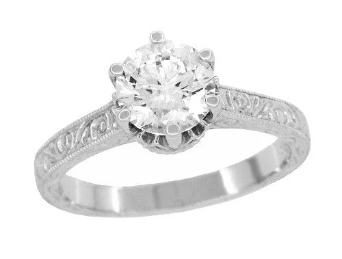 Art Deco Filigree Scrolls Tiara Crown 1.27 Carat Solitaire Diamond Engraved Engagement Ring in 18 Karat White Gold