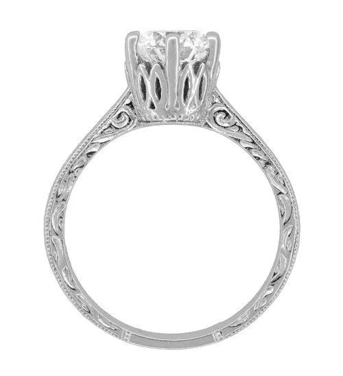 Art Deco Filigree Scrolls Tiara Crown 1.27 Carat Solitaire Diamond Engraved Engagement Ring in 18 Karat White Gold