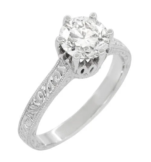 Art Deco Filigree Scrolls Tiara Crown 1.27 Carat Solitaire Diamond Engraved Engagement Ring in 18 Karat White Gold