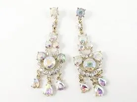 Aurora Borealis Color Yellow Gold Tone Chandelier Fashion Earrings