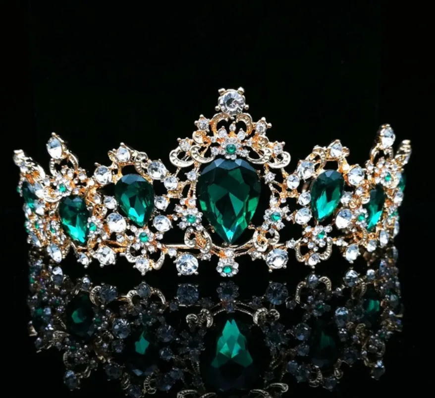 Baroque  Red Blue Green Crystal Bridal Tiaras Crown Vintage Gold Hair Accessory