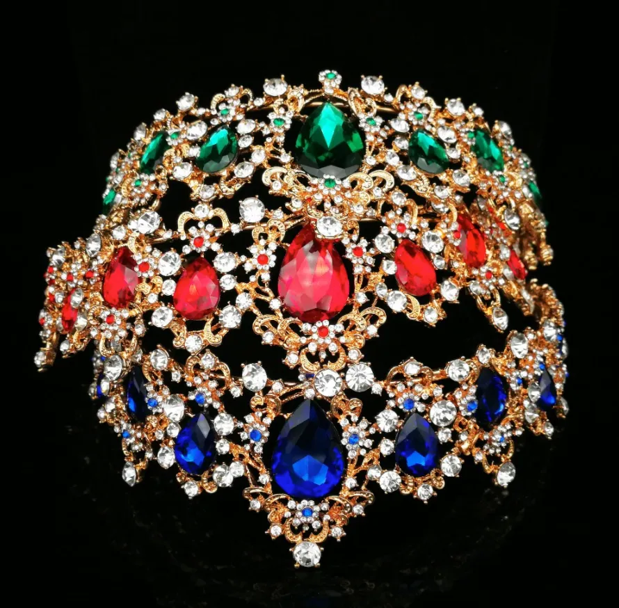 Baroque  Red Blue Green Crystal Bridal Tiaras Crown Vintage Gold Hair Accessory