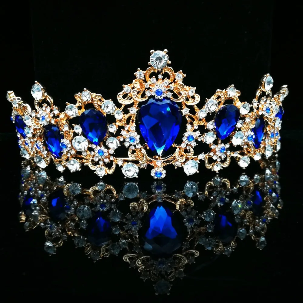 Baroque  Red Blue Green Crystal Bridal Tiaras Crown Vintage Gold Hair Accessory