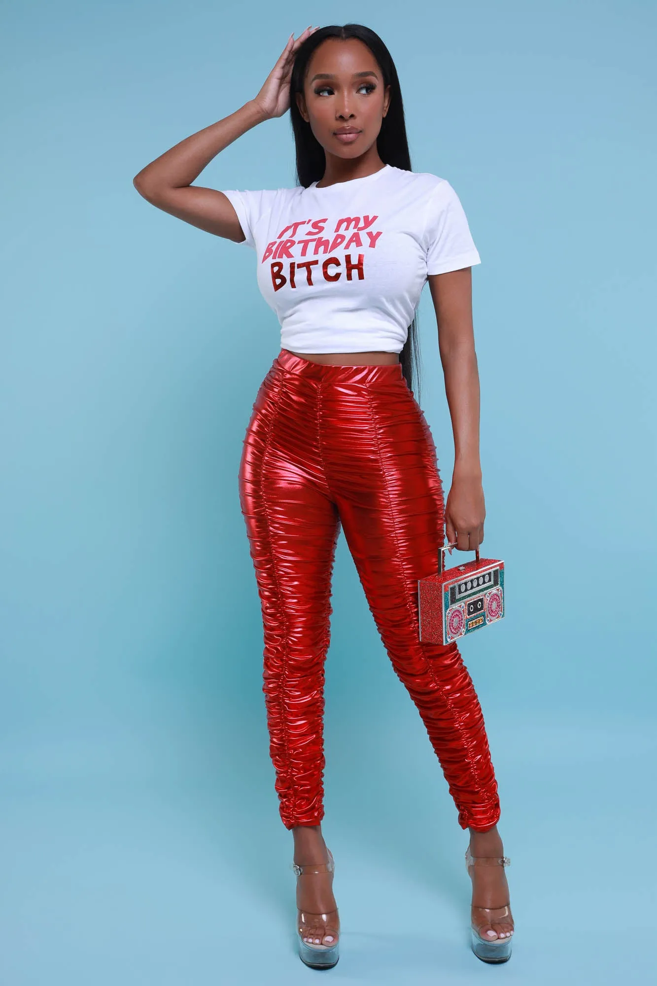 Be Honest Ruched High Waist Pants - Red Metallic Leggings