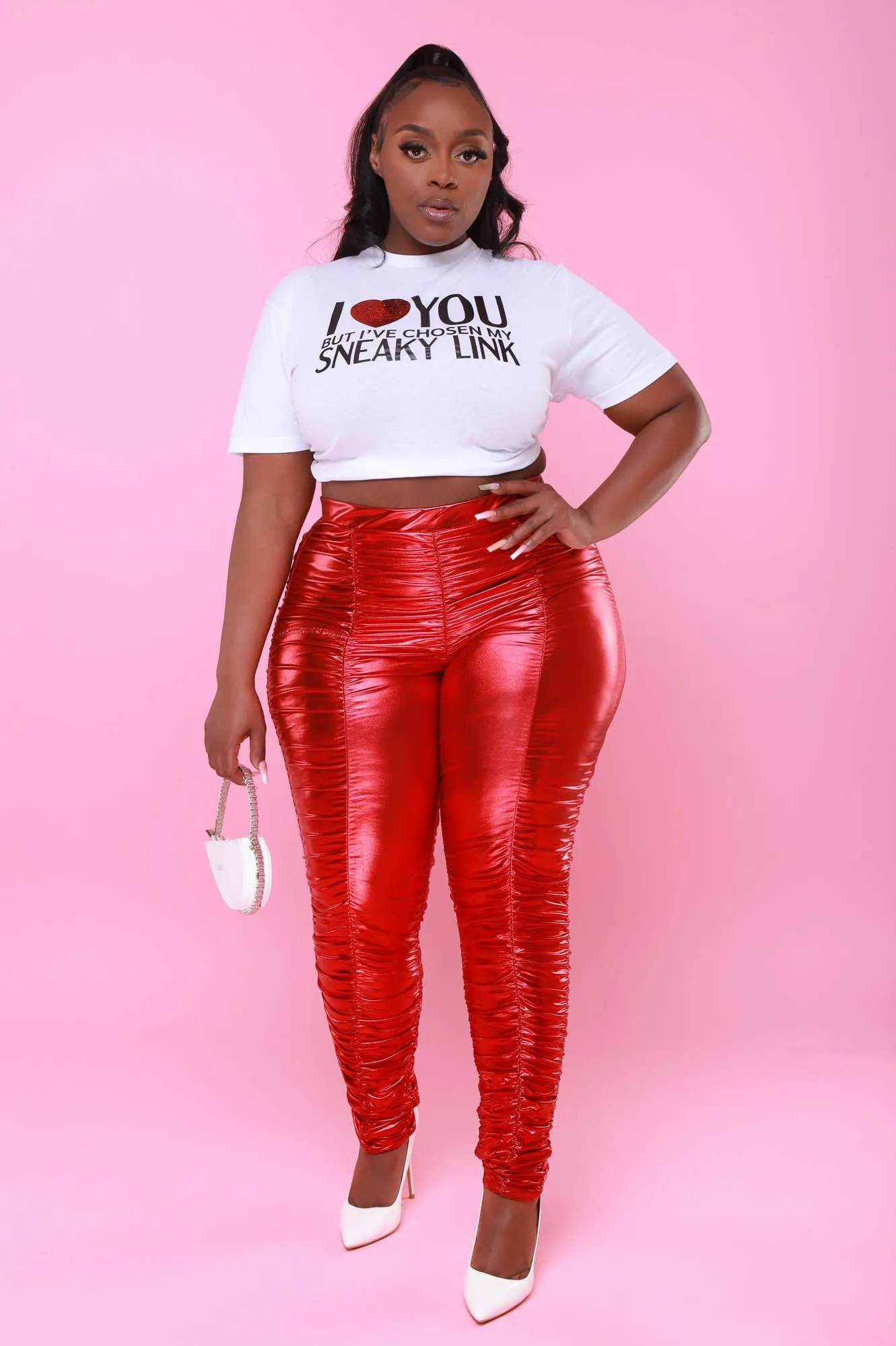 Be Honest Ruched High Waist Pants - Red Metallic Leggings